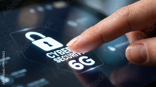 6g next generation connectivity cyber security touch screen finger and lock symbol on digital interface