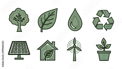 Eco-Friendly Elements: A collection of environmentally conscious icons, including trees, leaves, water drops, recycle symbol, solar panel, eco-friendly house, wind turbine and a growing plant.