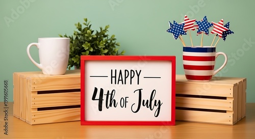 Happy 4th of July celebration with patriotic decorations and wooden crates on table