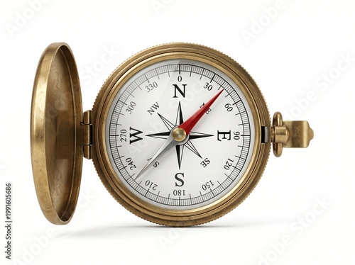 Vintage brass navigation compass isolated on pure white background