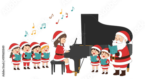 Young girl playing a grand piano for Santa Claus and a choir of children singing from songbooks in Christmas outfits.