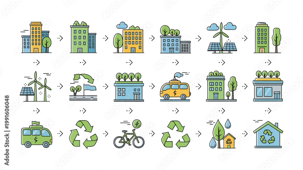 Naklejka premium Eco-Friendly City Transformation: A visual journey depicting a city's evolution towards sustainability, featuring green buildings, renewable energy sources, and eco-conscious transportation.