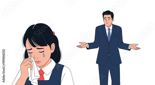 Crying schoolgirl in uniform wiping her eyes while a businessman behind her shrugs his hands in a blue background.