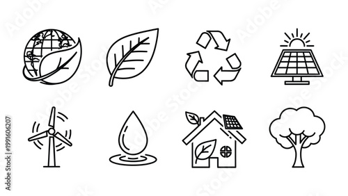 Eco-Friendly Icon Set: A comprehensive collection of minimalistic icons representing environmental sustainability, renewable energy, and eco-consciousness.