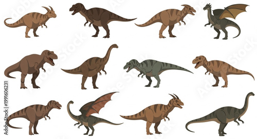 Collection of Diverse Dinosaur Illustrations on White Background.