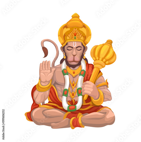 Hanuman Character. Hindu Mythology Monkey God with Gada Illustration Vector