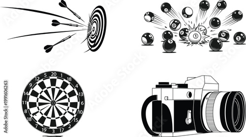 A collection of dartboards arrows and a camera showcasing precision skill and the art of target practice