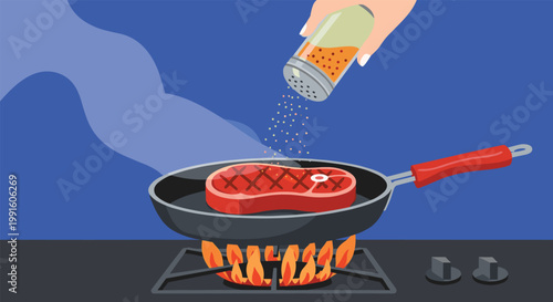 Hand seasoning a juicy beef steak with salt from a shaker while it sizzles in a black frying pan over a hot gas flame.