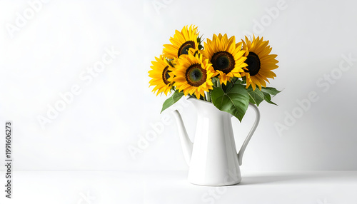 A vibrant bouquet of sunflowers is elegantly arranged in a white pitcher against a clean, bright background.