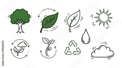 Eco-Friendly Elements: A collection of hand-drawn illustrations representing key elements of nature and sustainability, perfect for conveying environmental consciousness and eco-friendly themes.