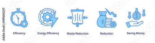 Kaizen efficiency icon set featuring cost reduction,energy efficiency,and lean management.Icon set for lean operations,cost saving,and efficiency improvement in business and industry.