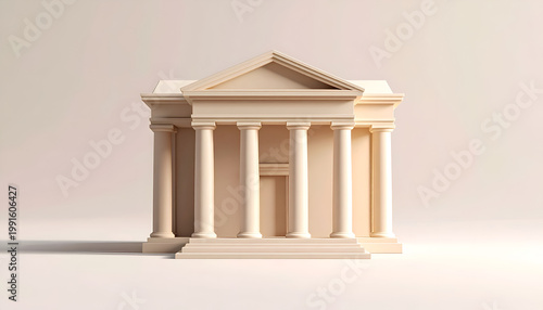 A minimalist rendering depicts a classical Greek temple with prominent columns and a triangular pediment against a soft, neutral background, evoking a sense of timeless architecture.