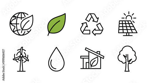 Environmental Icons: A collection of meticulously crafted line icons representing key elements of environmental conservation and sustainable practices.