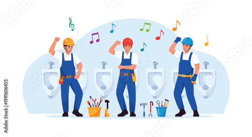 Group of three plumbers in blue overalls and hard hats dancing joyfully in a public restroom surrounded by urinals.
