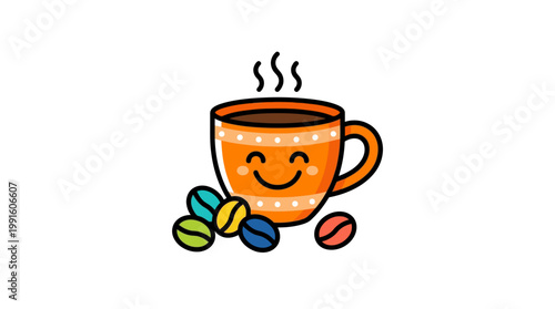 Smiling coffee cup with colorful beans.