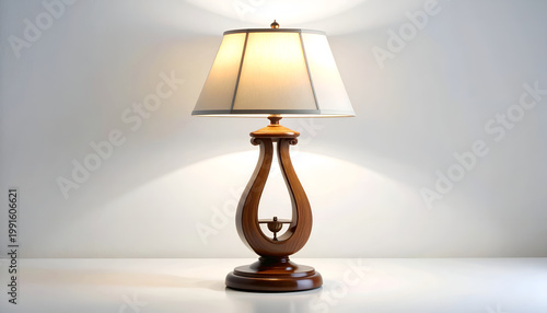 A beautifully crafted wooden table lamp with a cream-colored lampshade illuminates a clean white surface, casting a warm glow and creating a sophisticated ambiance.