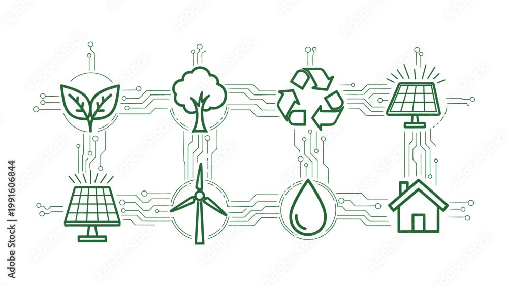 Naklejka premium Green Sustainable Ecology Icon: An interconnected network of eco-friendly icons representing key elements of sustainability, forming a cohesive vision of environmental harmony. 