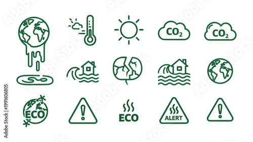 Climate Change Icons: A collection of environmentally themed icons represents various aspects of climate change and environmental concerns, offering visual symbols for related topics and issues.