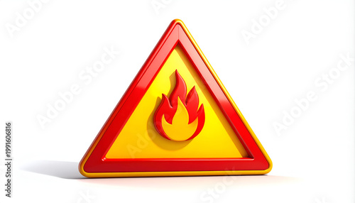 A vibrant triangular warning sign displays a stylized flame, indicating a fire hazard.
