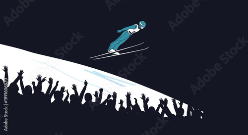 Professional ski jumper soaring through the dark night sky high above a cheering crowd on a snowy mountain slope.