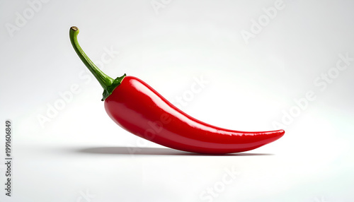 A vibrant red chili pepper is elegantly presented against a clean white background, showcasing its smooth texture and curved form.