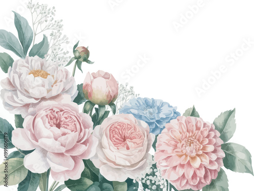 Watercolor flowers, pink peonies, blue hydrangeas, floral bouquet, botanical illustration, soft pastel colors