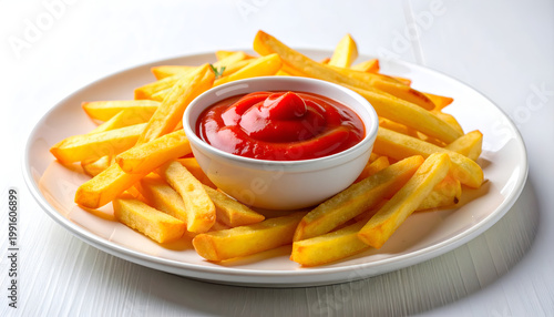 A close-up shot showcases a generous portion of golden-brown french fries arranged around a small white bowl filled with vibrant red ketchup, presented on a white plate.