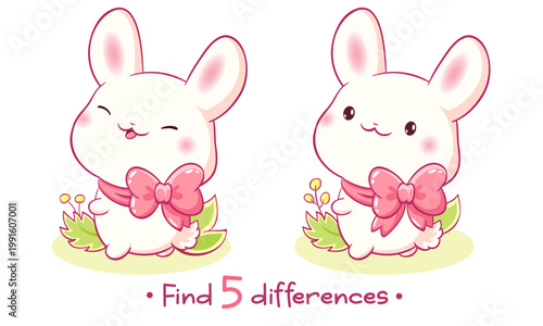 Educational Game for Kids with baby rabbit. Find five Differences Activity For Preschool Children. Find 5 differences education game for kids with cute bunny. Vector illustration EPS8