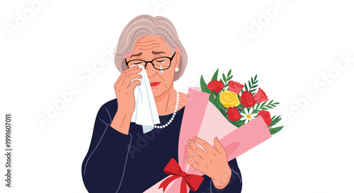 Crying elderly woman holds a beautiful bouquet of colorful flowers while wiping tears away with a white tissue.