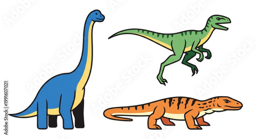 Three cartoon dinosaurs and a prehistoric reptile illustration.