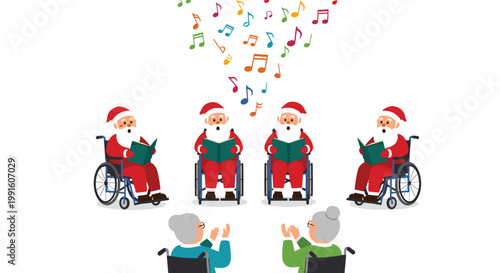 Group of santa claus characters in wheelchairs sing christmas carols for two senior women in a nursing home setting.