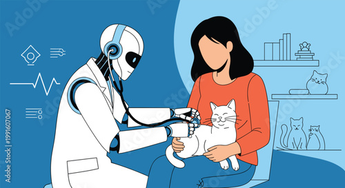 Futuristic medical robot doctor uses a stethoscope to examine a white cat held by a woman in a veterinarian office.