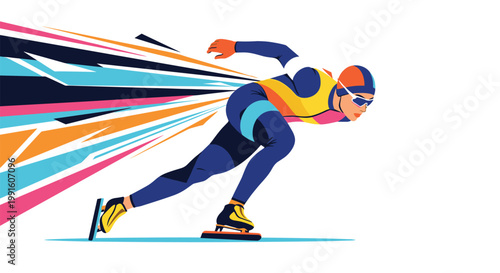 Professional speed skater athlete races on ice with colorful motion blur streaks against a clean white background.