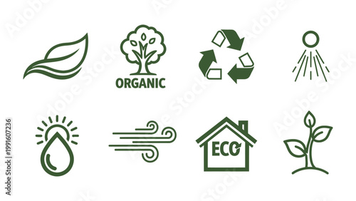 Eco-friendly Icons: A collection of meticulously designed icons representing vital aspects of nature, ecological sustainability, and environmental responsibility.