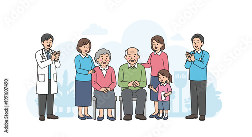 Happy family group including an elderly couple and a young girl gathered together while medical staff clap for their health and success.
