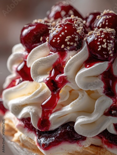 Ice cream sundae close up with whipped cream cherry sauce and waffle in warm light