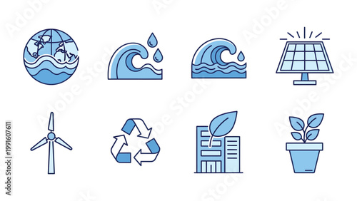 Eco-Friendly Icons: A visual ensemble of environmental conservation symbols. These artistic representations, in shades of blue, encapsulate key elements of sustainability and green initiatives.