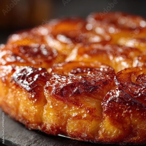 Tarte tatin close up with caramelized apple and golden pastry texture in warm light