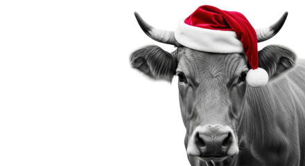 Adult brown swiss cow wearing a plush santa hat, rendered in selective color against a high-key white studio background with copy space left. Humorous holiday advertising concept