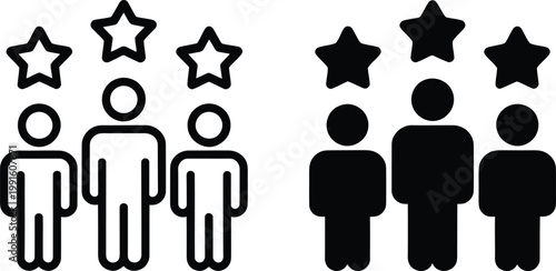 Set of three people icons with stars, representing employee recognition, team performance, or customer feedback, vector illustration