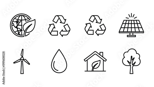 Eco-Friendly Icons: A collection of minimalist line icons representing sustainability, environmental protection, and renewable energy.