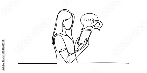 A continuous line drawing of a woman holding a smartphone and engaging in digital conversation Vector, illustration