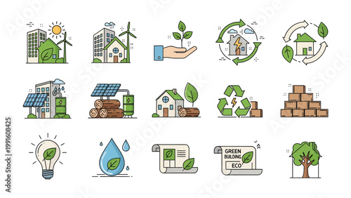 Sustainable Green Icons: Set of symbolic icons that promote conservation, renewable energy, and eco-friendly lifestyles. Perfect for websites, presentations, and print materials.