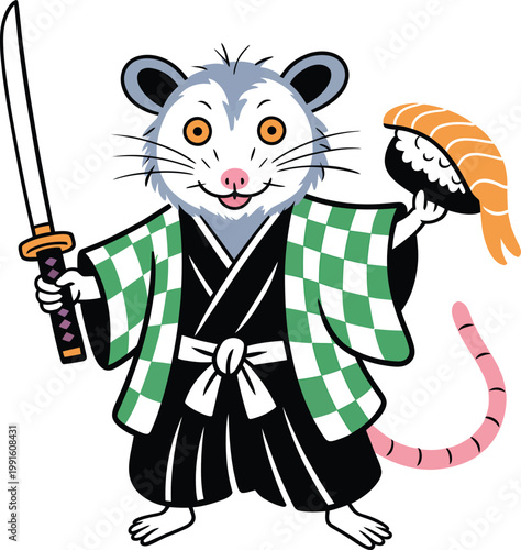 Cartoon opossum samurai character wearing a green and white checkered kimono holding a katana sword and a piece of salmon nigiri sushi