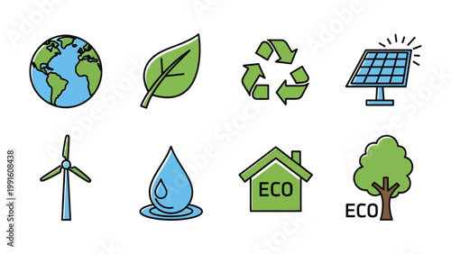 Eco-Friendly Icons: A vibrant collection of eco-friendly icons representing key elements of environmental sustainability and renewable energy.
