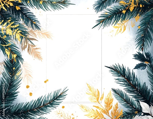 Elegant Pine Branches And Gold Leaves Watercolor Border Illustration Green And Gold Winter Festive Frame With Central Blank Space For Invitation Card
