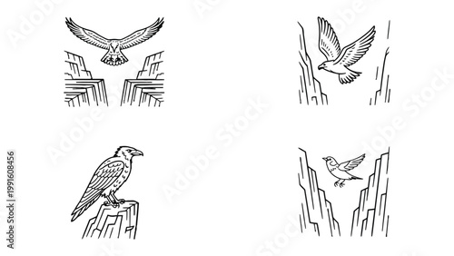 Birds and Cliffs Illustration Set: An illustration showcasing the beauty of the bird and the mountain cliffs with artistic flair.  