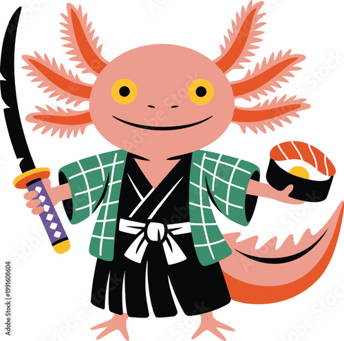Cute cartoon axolotl samurai character wearing a traditional japanese kimono holding a katana sword and a piece of sushi