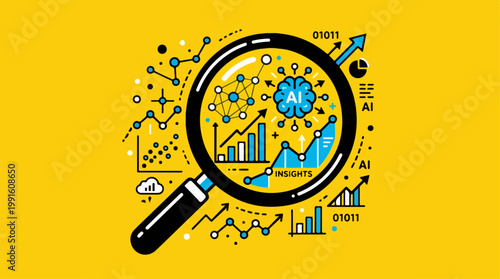 Artificial intelligence and data analysis concept with magnifying glass.