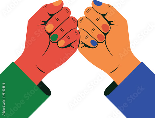 Two fists bumping together with colorful painted fingernails, representing unity, friendship, and diversity in a vibrant flat vector illustration style
